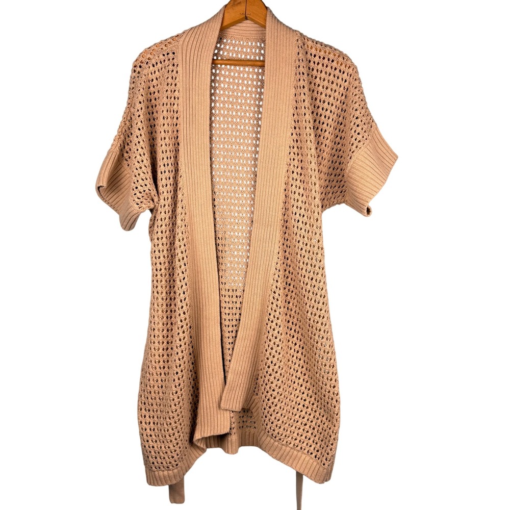 Tan Open Knit Short Sleeve Cardigan Belted Pointelle Layering Sweater‎ Tan OS